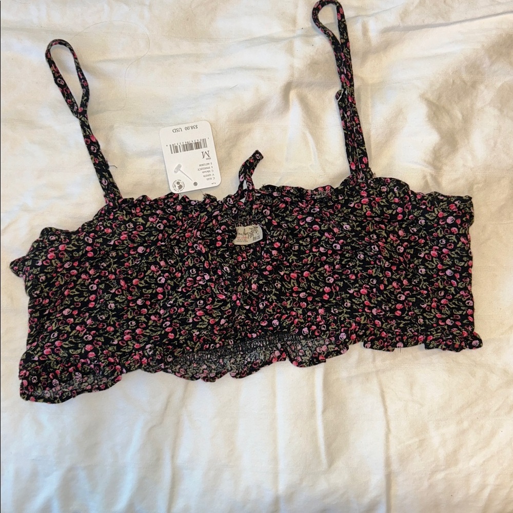 Free People Intimately Black Floral Top with Pink and Green